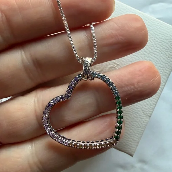 New! RETIRED Pandora charm Heart Necklace Multicolor Gems with chain - Picture 4 of 8